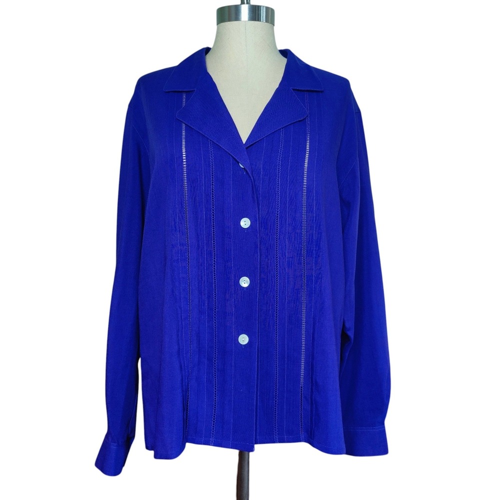 Vintage 80s Jaeger Wool Button Down Royal Purple Pintuck Shirt 38in Made in UK